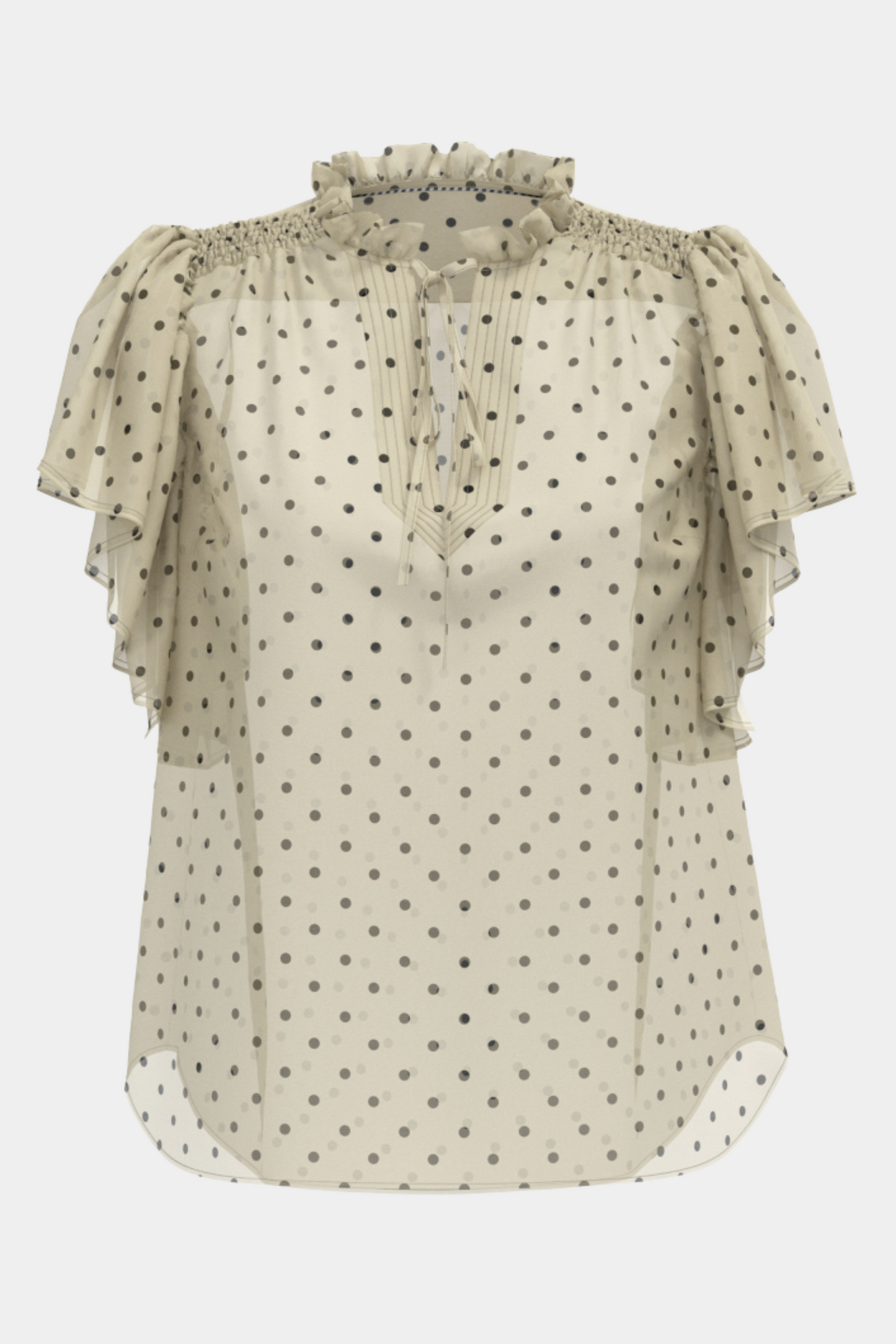 top, bluse, kortærmet, beige, råhvid, prikker, dots, flæse, v-hals, flæseærme, transparent, gennemsigtig, elegant, fin, feminin, hverdag, fest, arbejde, work, kvinde, dame, woman, løs, let, sommertop