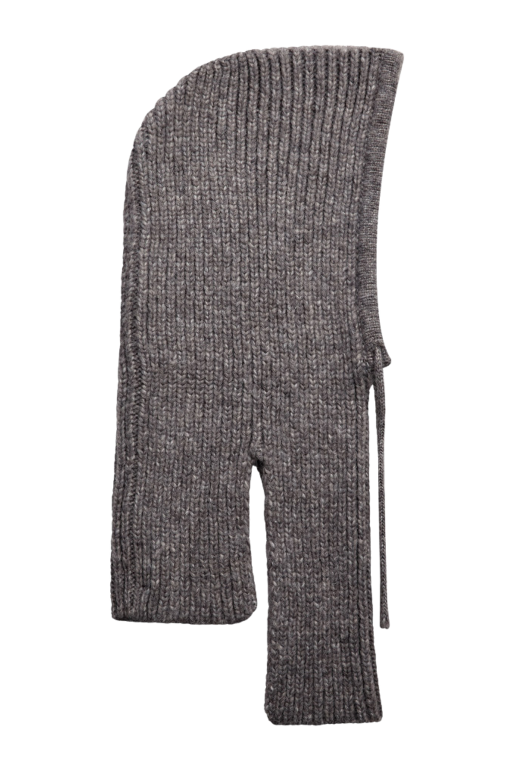 Fin, smuk, elegant, klassisk, staple, feminin, pæn, rå, cool, sej, unik, musthave, hverdag, fest, kvinde, dame, woman, balaclava, hue, hat, beanie, knit, strik, strikhue, indsnøring, snøre, grå, grey, meleret, melange, varm, warm