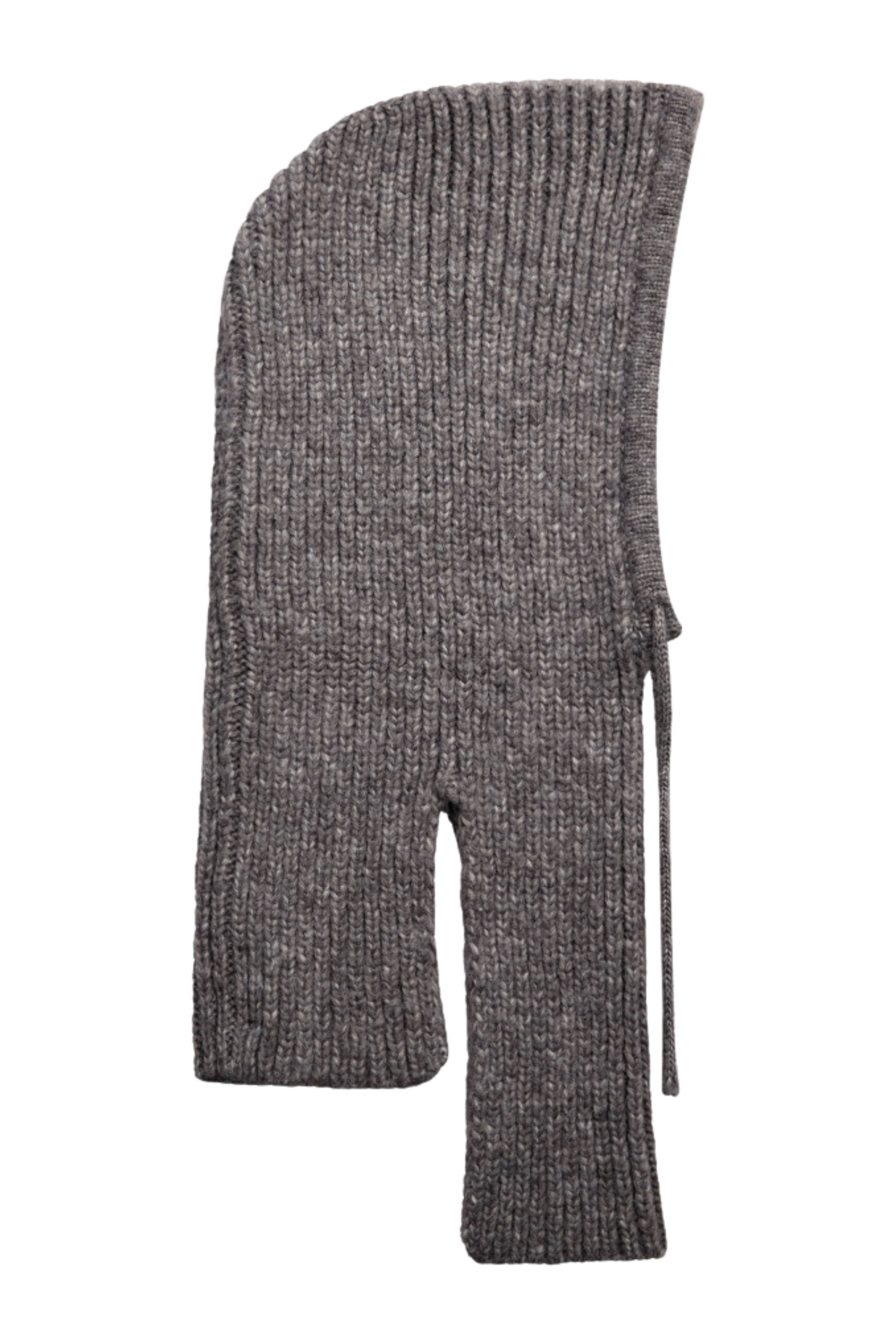 Fin, smuk, elegant, klassisk, staple, feminin, pæn, rå, cool, sej, unik, musthave, hverdag, fest, kvinde, dame, woman, balaclava, hue, hat, beanie, knit, strik, strikhue, indsnøring, snøre, grå, grey, meleret, melange, varm, warm
