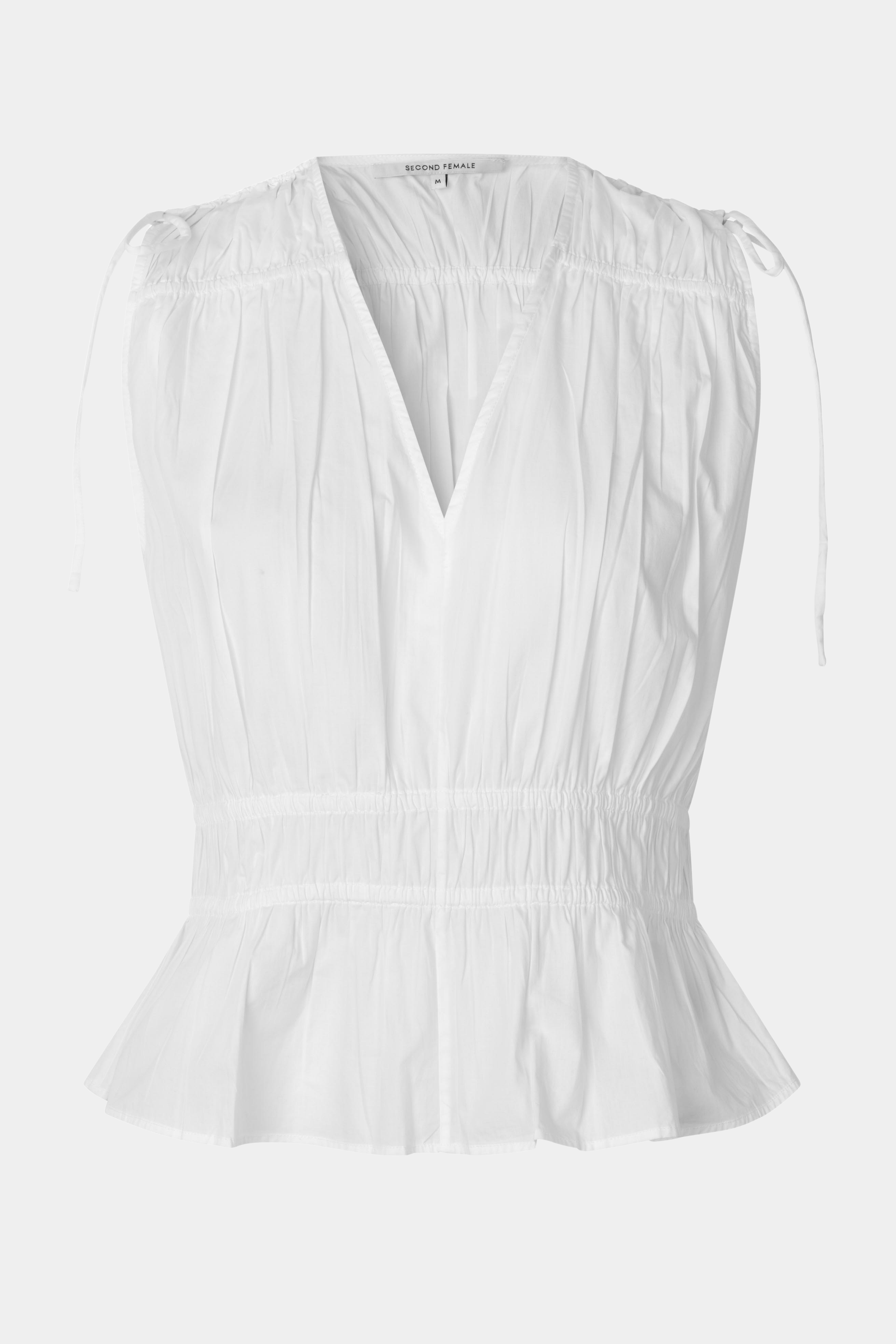 Fin, smuk, elegant, klassisk, staple, feminin, pæn, rå, cool, sej, unik, musthave, hverdag, fest, kvinde, dame, woman, top, bluse, shirt, ærmeløs, sleeveless, v-hals, peplum, talje, lastik, figursyet, crisp, bomuld, cotton, blød, soft, sommer, sommertop, rynke, summer, hvid, white