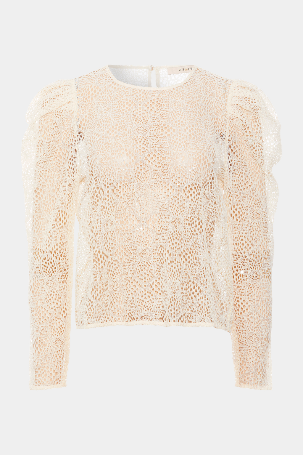 bluse, blouse, lace, blonde, cream, creme, råhvid, nyde, glimmer, glitter, pailletter, palietter, pufærmer, langærmet, elegant, fin, feminin, blød, soft, fest, festbluse, festtop, transparent, gennemsigtig, see through, hverdag, feminin, kvinde, dame, woman