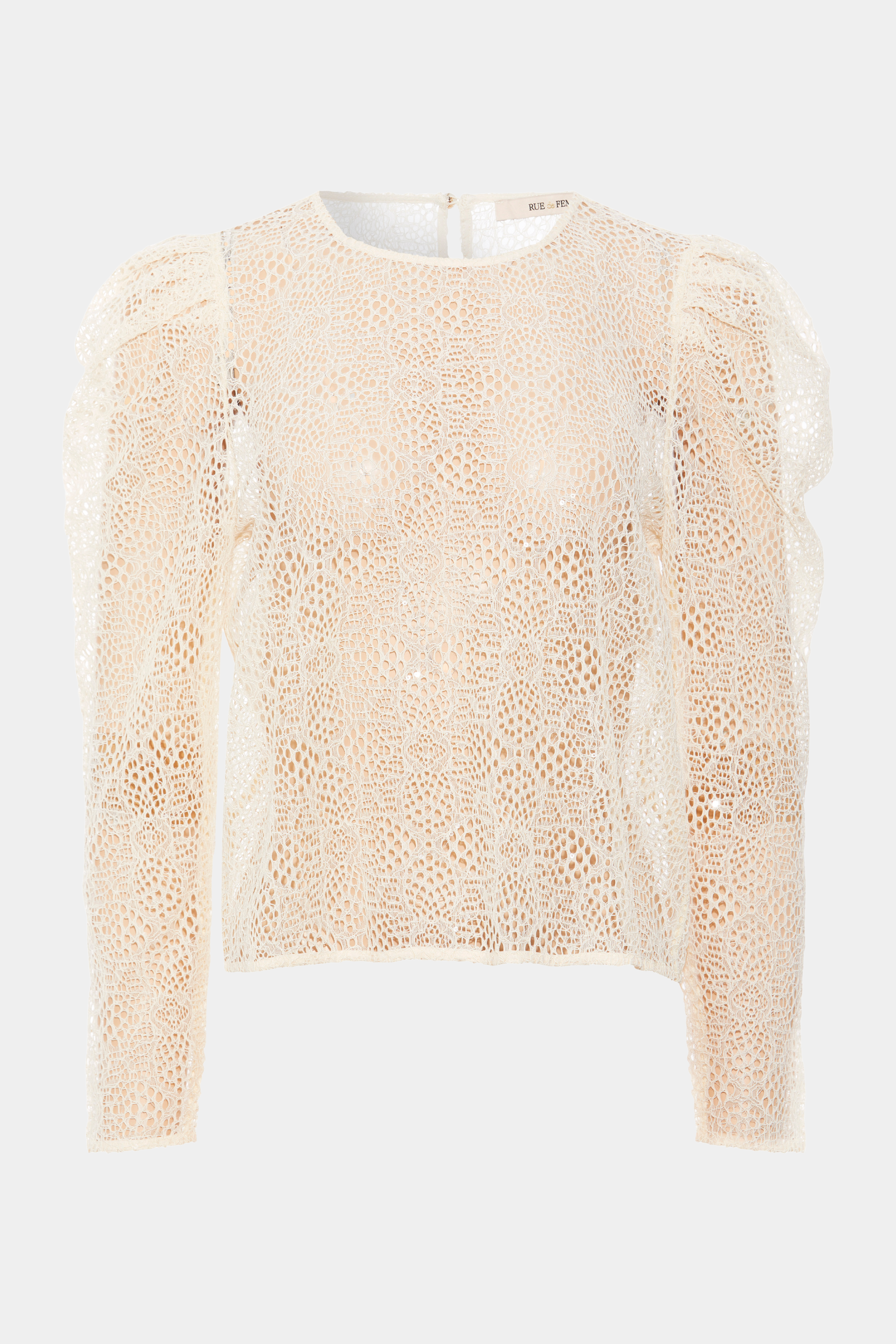 bluse, blouse, lace, blonde, cream, creme, råhvid, nyde, glimmer, glitter, pailletter, palietter, pufærmer, langærmet, elegant, fin, feminin, blød, soft, fest, festbluse, festtop, transparent, gennemsigtig, see through, hverdag, feminin, kvinde, dame, woman