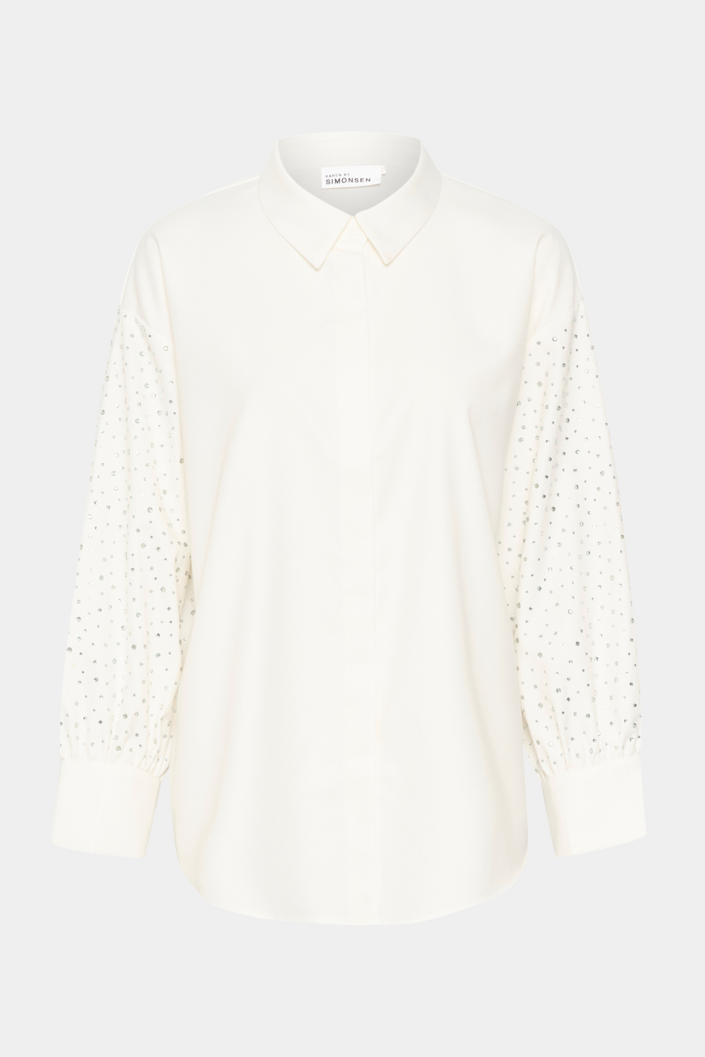skjorte, shirt, oversize, overshirt, hvid, blød, sten, similisten, glimmer, glitter, fin, smuk, elegant, klassisk, feminin, pæn, rå, cool, sej, unik, musthave, hverdag, fest