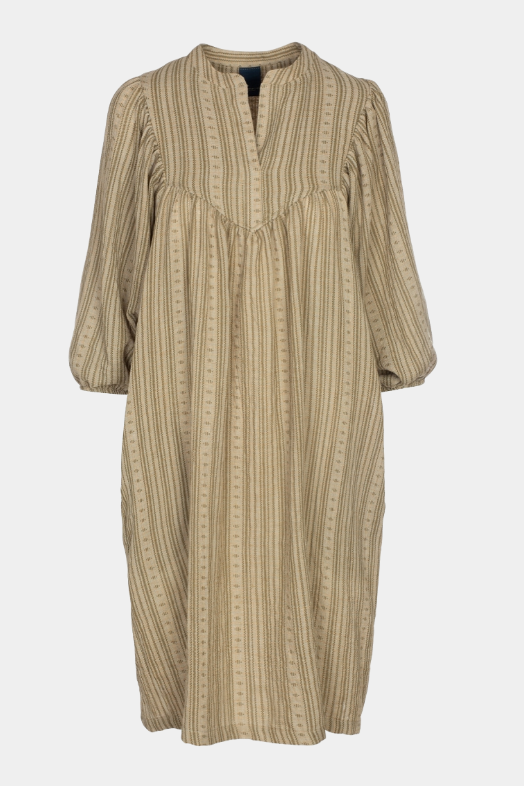 Kjole, dress, stribet, fin, smuk, elegant, klassisk, feminin, pæn, rå, cool, unik, sej, hverdag, fest, lang, blød, beige, brun, puf, pufærmer, mønster, boheme