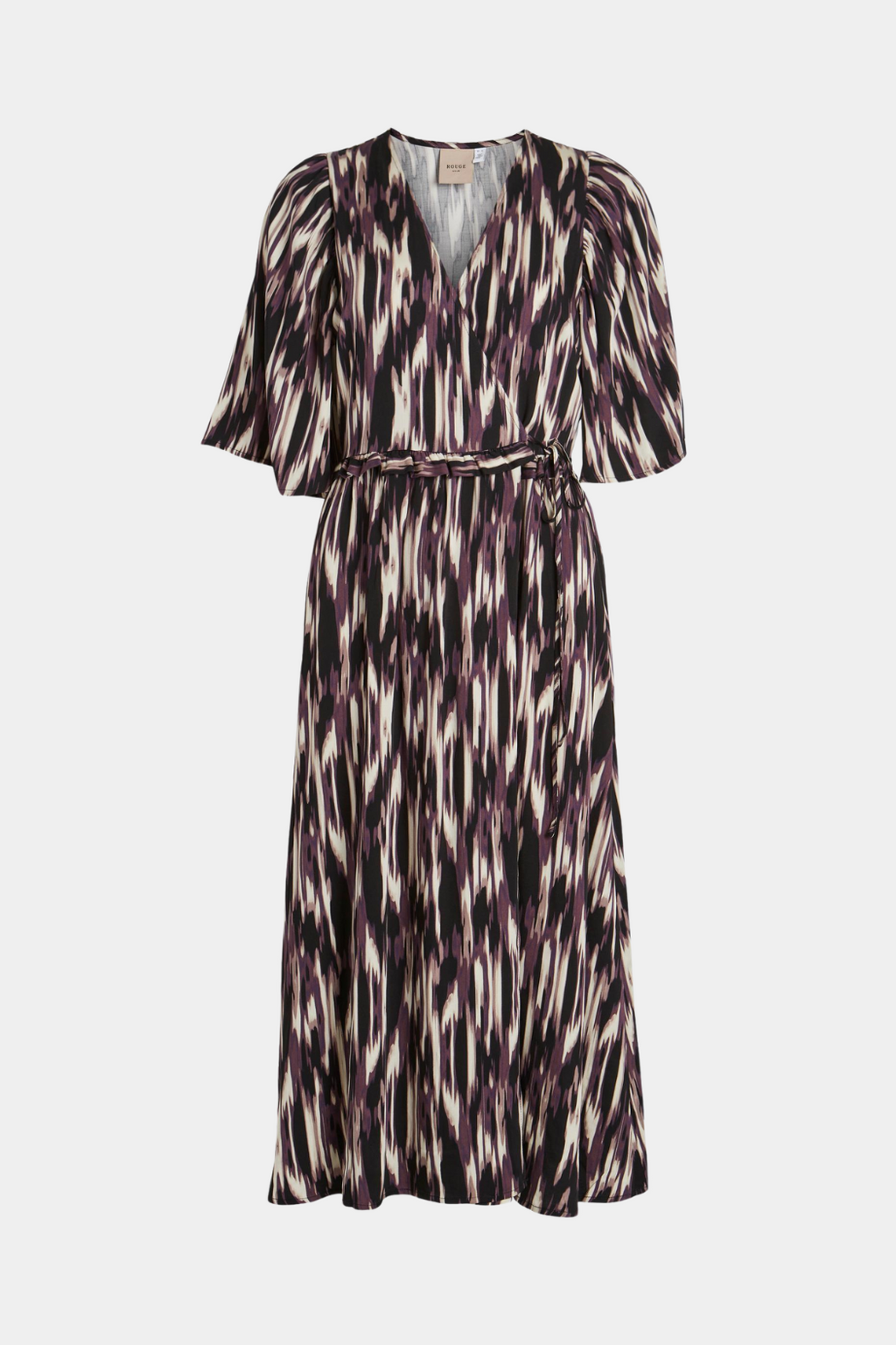 Kjole, dress, lang, midi, print, lilla, purple, striber, wrap, slåom, bindebånd, bånd, fin, smuk, elegant, klassisk feminin, pæn, rå, cool, sej, unik, musthave, sommer, vinter, hverdag, fest