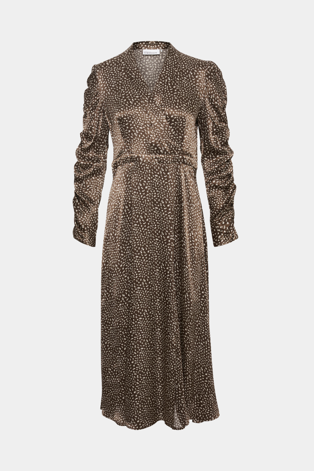 kjole, dress, festlig, brun, prikker, mønster, print, shiny, blank, viskose, wrap, slåom, rynker, fin, smuk, elegant, klassisk, feminin, pæn, rå, cool, sej, unik, musthave, hverdag, fest