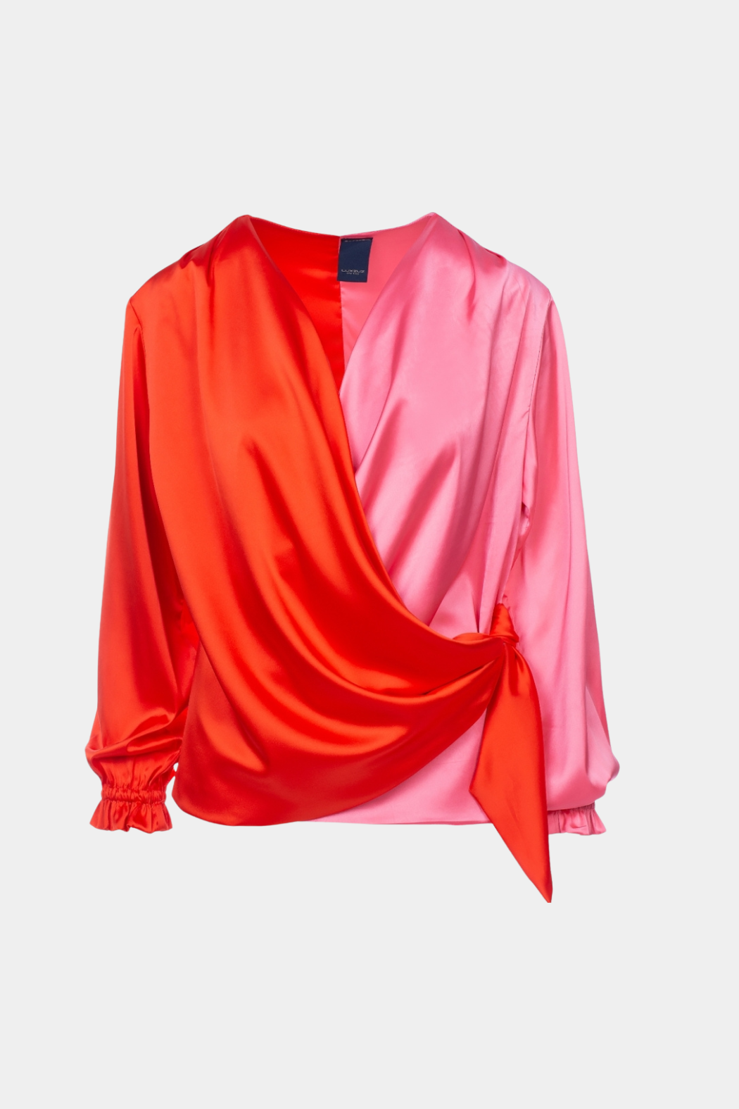 bluse, skjorte, wrap, slåom, colorblok, todelt, tofarvet, pink, rød, shiny, satin, silke, fin, smuk, elegant, klassisk, feminin, pæn, rå, cool, sej, unik, musthave, hverdag, fest
