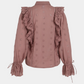skjorte, shirt, lilla, blomme, flæser, blonder, broderi, broderi anglaise, krave, bindebånd, knapper, fin, smuk, elegant, klassisk, feminin, pæn, rå, cool, sej, unik, boheme, hverdag, fest