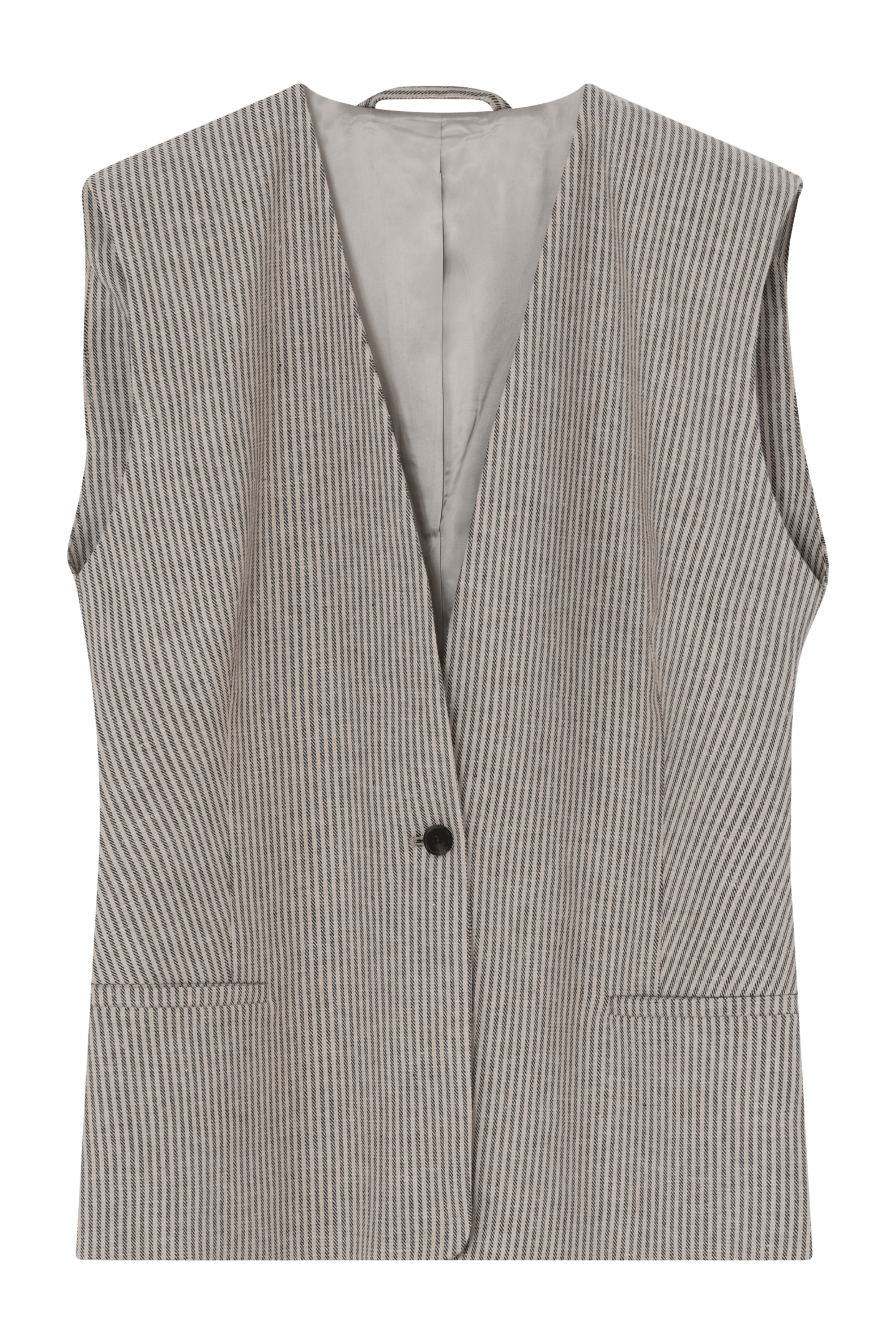 Fin, smuk, elegant, klassisk, staple, feminin, pæn, rå, cool, sej, unik, musthave, hverdag, fest, kvinde, dame, woman, top, vest, waistcoat, bluse, kortærmet, ærmeløs, sleeveless, stripe, stribet, striber, nålestrib, pinstripe, brun, beige, brown, nature, hør, linen, summer, bali, chic