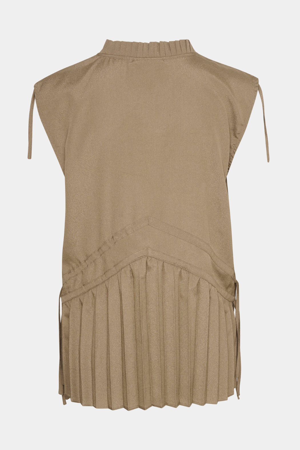 top, bluse, skjorte, plisseret, plissering, bindebånd, bånd, snore, brun, beige, nude, ærmeløs, fin, smuk, elegant, klassisk, feminin, pæn, rå, cool, sej, unik, musthave, hverdag, fest