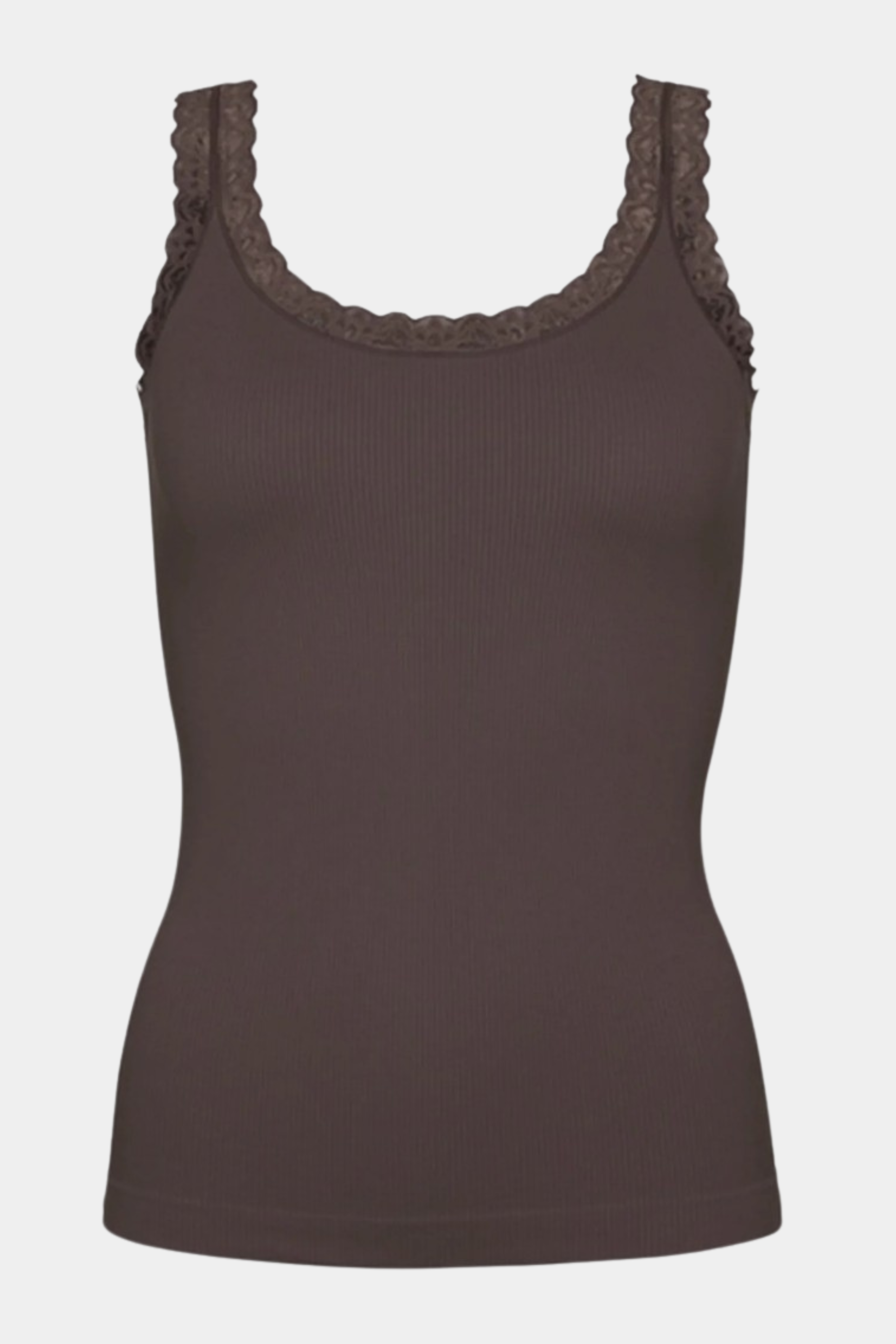 top, bluse, toppe, brun, brown, microfiber, mikrofiber, rib, ribbet, blonde, blonder, lace, basic, basis, tætsiddende, stram, elastisk,, stretchy, blød, soft, farveægte, allergivenlig, åndbar 