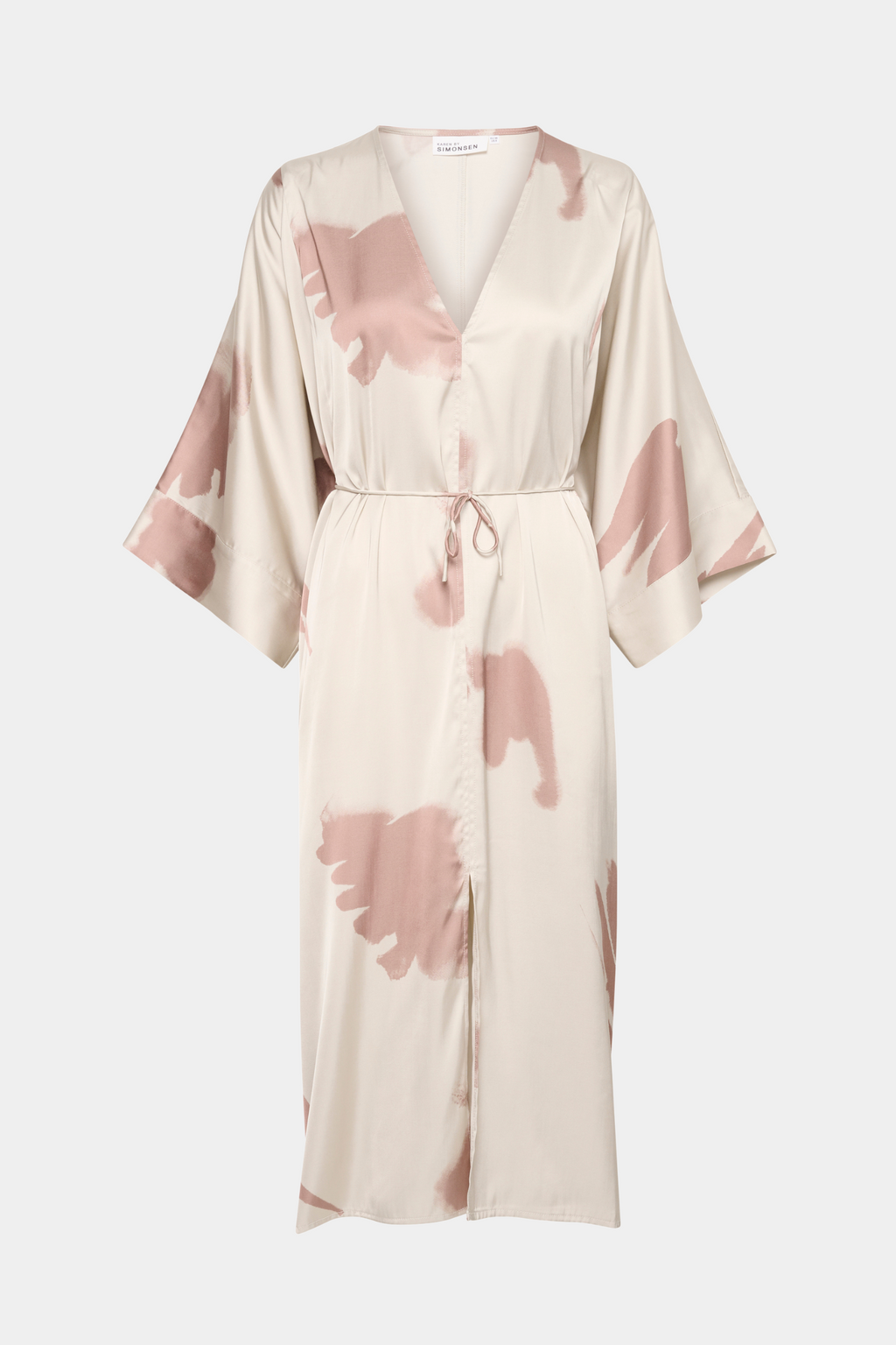 kjole, dress, lang, long, print, creme, råhvid, beige, blank, shiny, silke, bindebånd, fin, smuk, elegant, klassisk, feminin, pæn, rå, cool, sej, unik, musthave, hverdag, fest