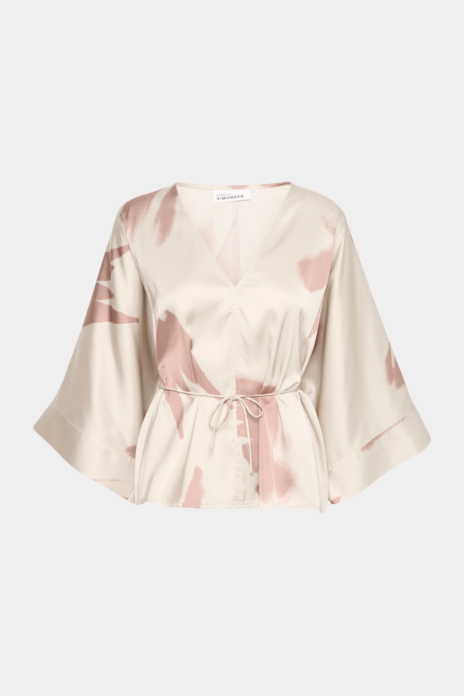 bluse, blouse, top, overdel, beige, råhvid, creme, rosa, lyserød, print, silke, shiny, blankt, bindebånd, fin, smuk, elegant, klassisk, feminin, pæn, rå, cool, sej, unik, musthave, hverdag, fest