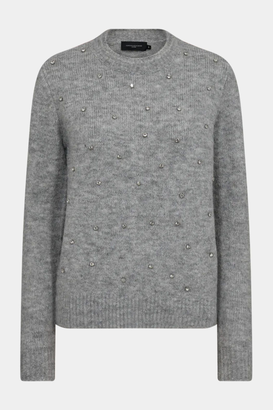 bluse, trøje, strik, knit,grå, grey, melange, sten, diamanter, glimmer, glitter, rundhals, blød, varm, strikket, fin, smuk, elegant, klassisk, feminin, pæn, rå, cool, sej, unik, musthave, hverdag, fest