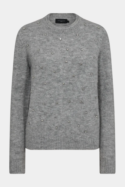 bluse, trøje, strik, knit,grå, grey, melange, sten, diamanter, glimmer, glitter, rundhals, blød, varm, strikket, fin, smuk, elegant, klassisk, feminin, pæn, rå, cool, sej, unik, musthave, hverdag, fest