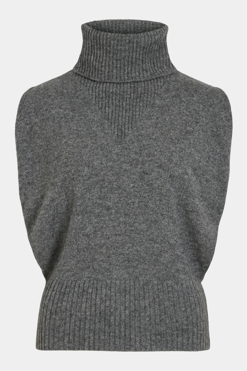 vest, strik, knit, pullover, slipover, grå, grey, gråmeleret, melange, løs, loose, turtle neck, rullekrave, rib, cashmere, blød, soft, uld, wool, varm, warm, klassisk, staple, elegant, fin, feminin, hverdag, kvinde, dame, woman