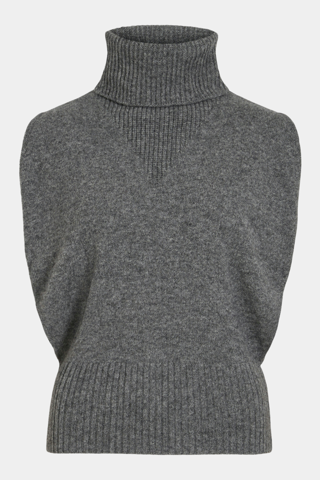 vest, strik, knit, pullover, slipover, grå, grey, gråmeleret, melange, løs, loose, turtle neck, rullekrave, rib, cashmere, blød, soft, uld, wool, varm, warm, klassisk, staple, elegant, fin, feminin, hverdag, kvinde, dame, woman