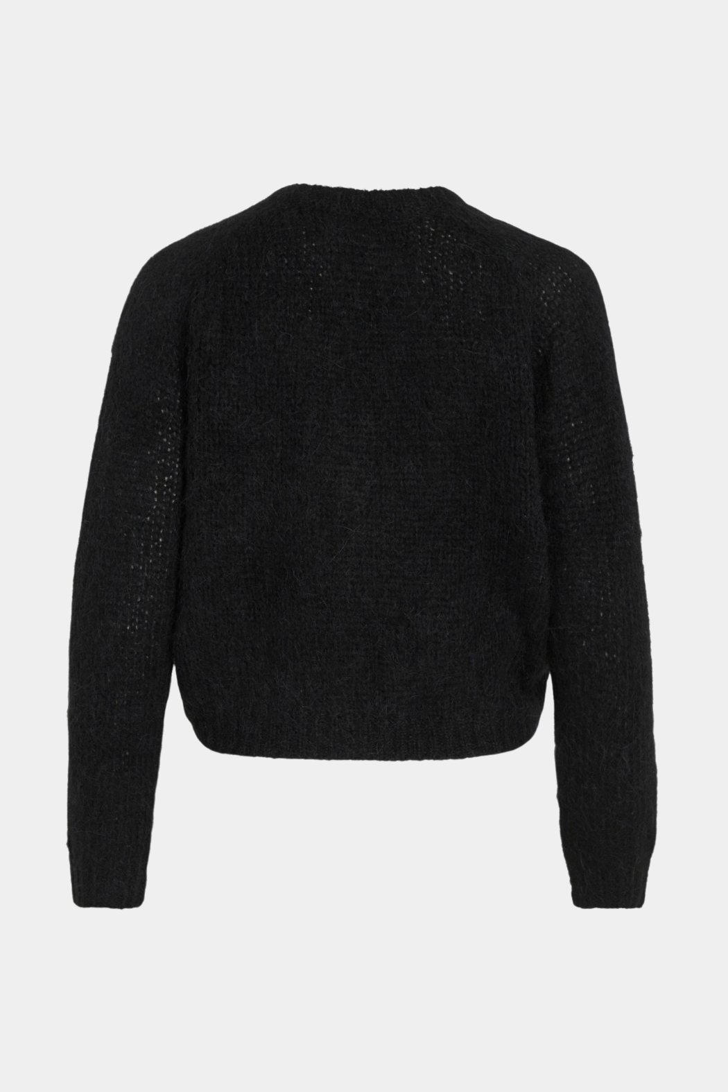 strik, knit, strikket, sort, black, alpaca, uld, blød, langhåret, lodden, knude, tvist, croped, kort, rund hals, langærmet, varm, fin, smuk, elegant, klassisk, feminin, pæn, rå, cool, sej, unik, musthave, hverdag, fest
