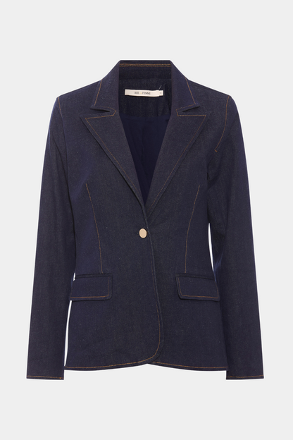 blazer, blazerjakke, jakke, denim, denimjakke, cowboy, mørkeblå, guldknap, guld, fin, smuk, elegant, klassisk, feminin, pæn, rå, cool, sej, unik, musthave, hverdag, fest