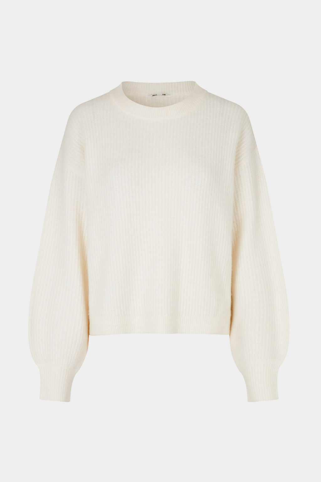 strik, knit, trøje, bluse, pullover, rundhals, rib, ribstrik, ballonærmer, råhvid, creme, hvid, varm, blød, fin, smuk, elegant, klassisk, feminin, pæn, rå, cool, sej, unik, musthave, hverdag, fest