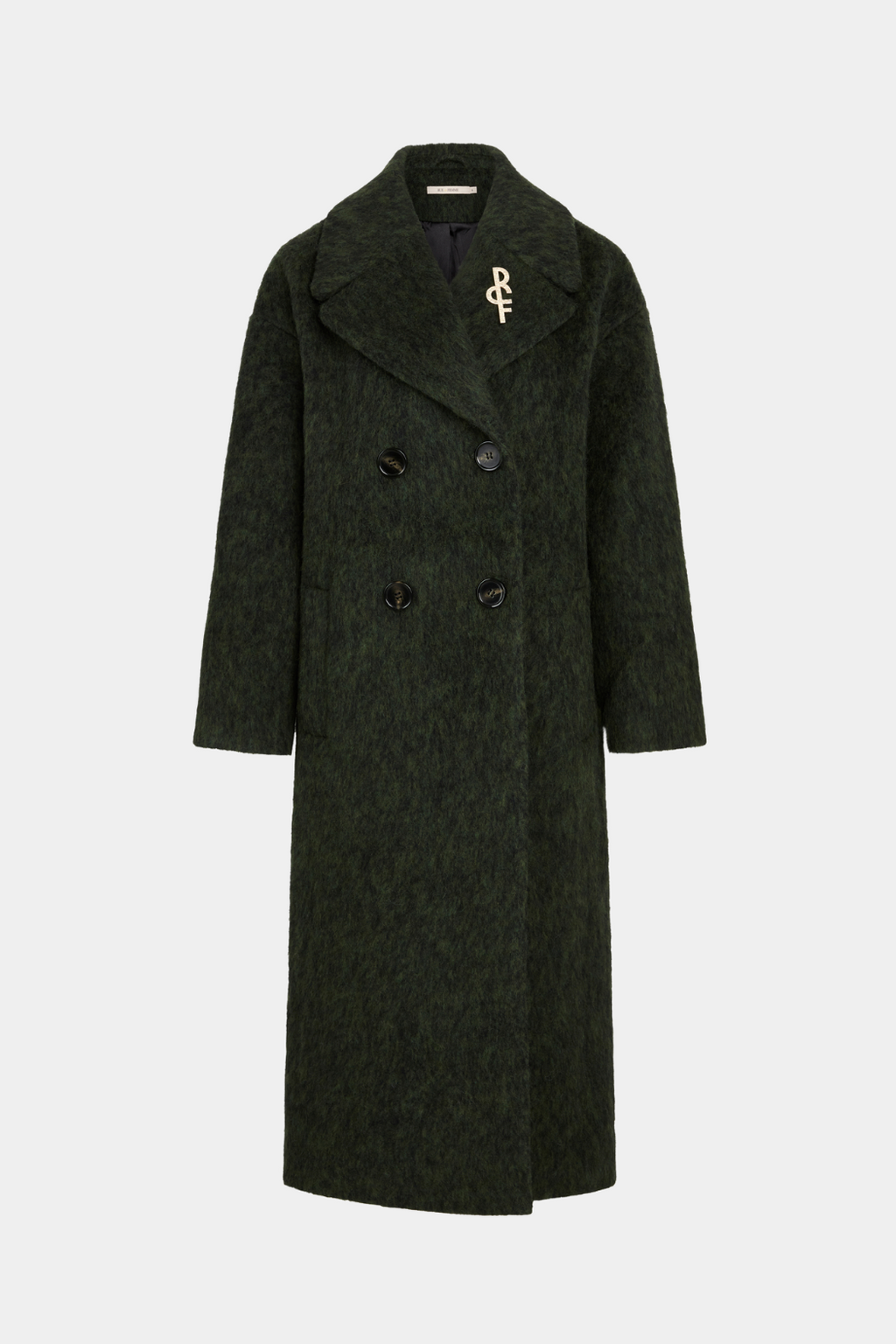 Jakke, frakke, coat, lang, grøn, army, mørk, uld, wool, uldjakke, broche, logo, varm, oversize, stor, dobbeltradet, ulden, lodden, langhåret, fin, smuk, elegant, klassisk, feminin, pæn, rå, cool, sej, unik, musthave, hverdag, fest,