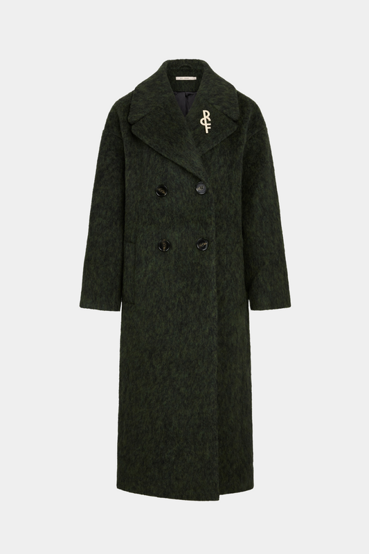 Jakke, frakke, coat, lang, grøn, army, mørk, uld, wool, uldjakke, broche, logo, varm, oversize, stor, dobbeltradet, ulden, lodden, langhåret, fin, smuk, elegant, klassisk, feminin, pæn, rå, cool, sej, unik, musthave, hverdag, fest,