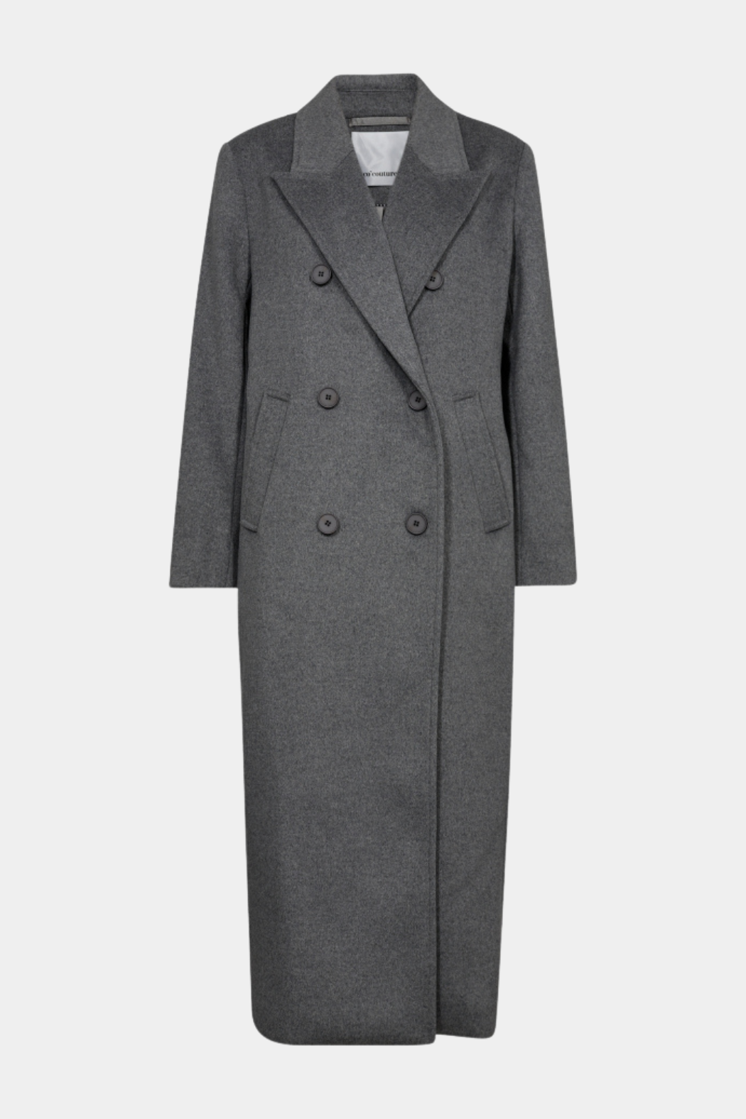 jakke, frakke, coat, trenchcoat, grå, melange, grey, dobbeltradet, revers, lang, fin, smuk, elegant, klassisk, feminin, pæn, rå, cool, sej, unik, musthave, hverdag, fest, efterår, vinter, varm