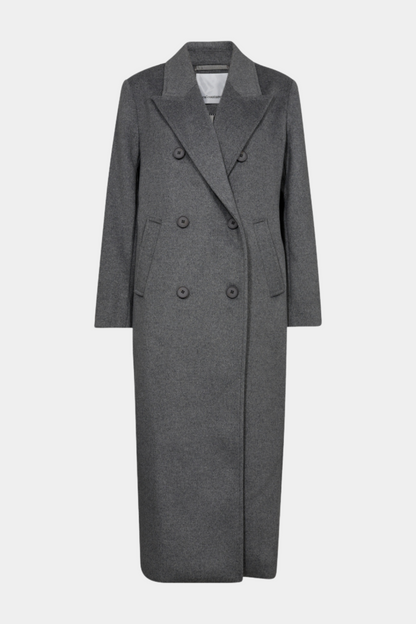 jakke, frakke, coat, trenchcoat, grå, melange, grey, dobbeltradet, revers, lang, fin, smuk, elegant, klassisk, feminin, pæn, rå, cool, sej, unik, musthave, hverdag, fest, efterår, vinter, varm