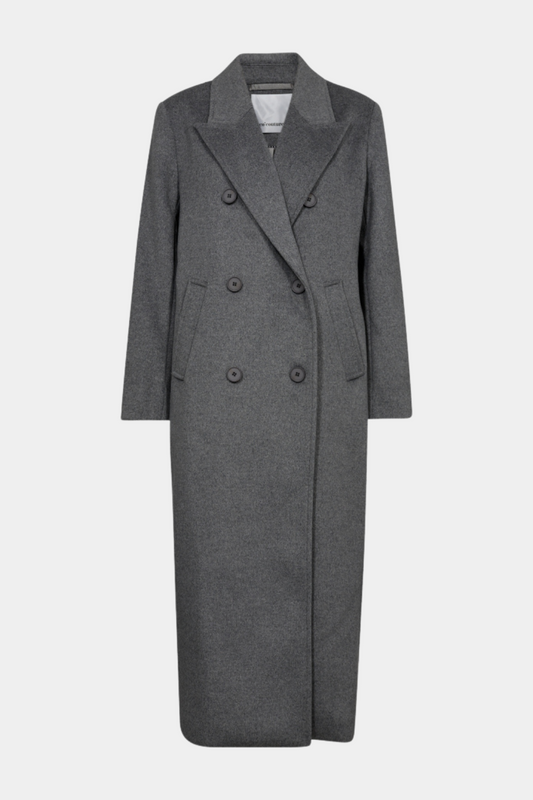 jakke, frakke, coat, trenchcoat, grå, melange, grey, dobbeltradet, revers, lang, fin, smuk, elegant, klassisk, feminin, pæn, rå, cool, sej, unik, musthave, hverdag, fest, efterår, vinter, varm