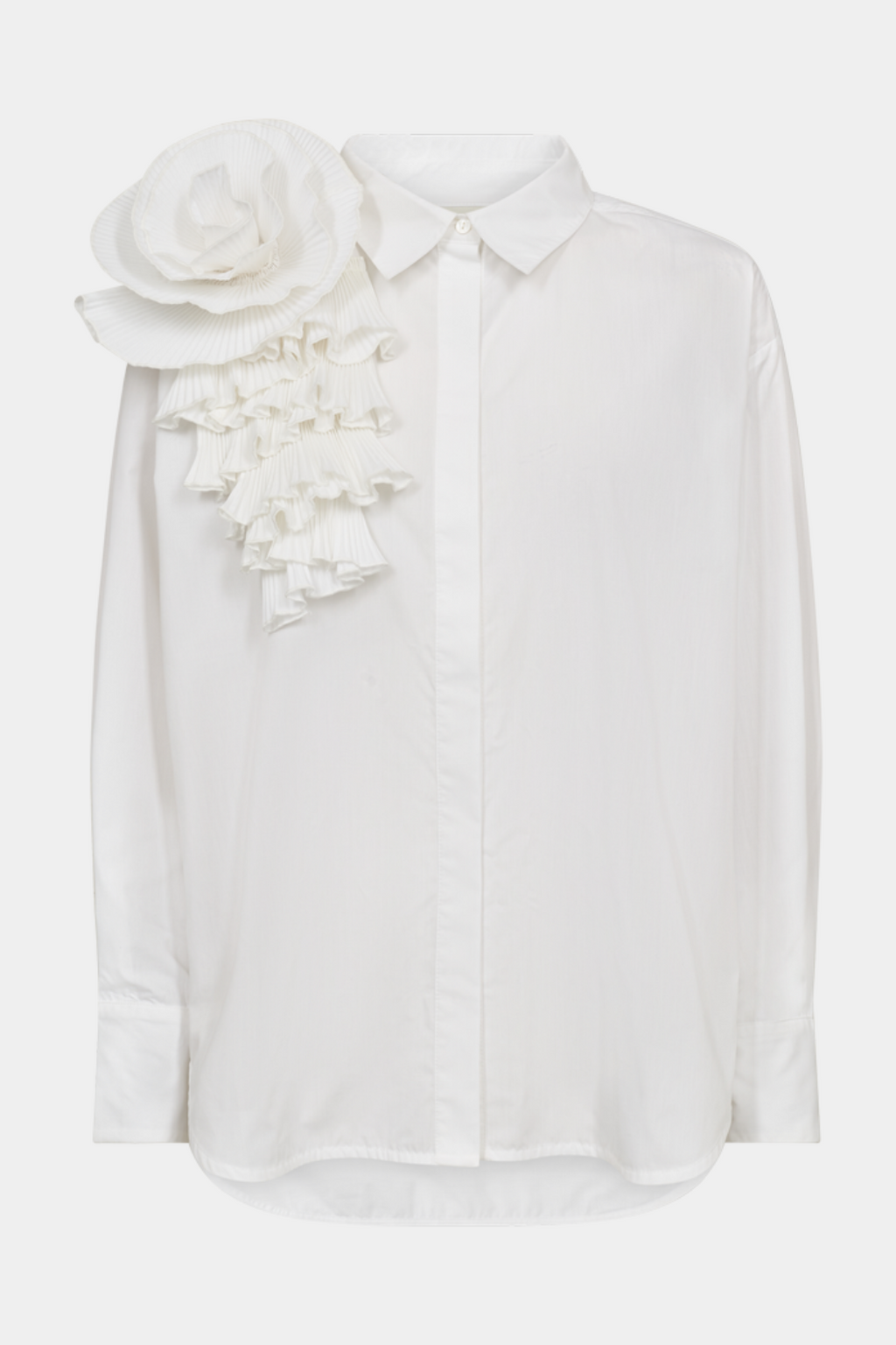 Skjorte, shirt, overdel, rose, blomst, hvid, white, flæser, fin, smuk, elegant, klassisk, feminin, pæn, rå, cool, sej, unik, musthave, hverdag, fest