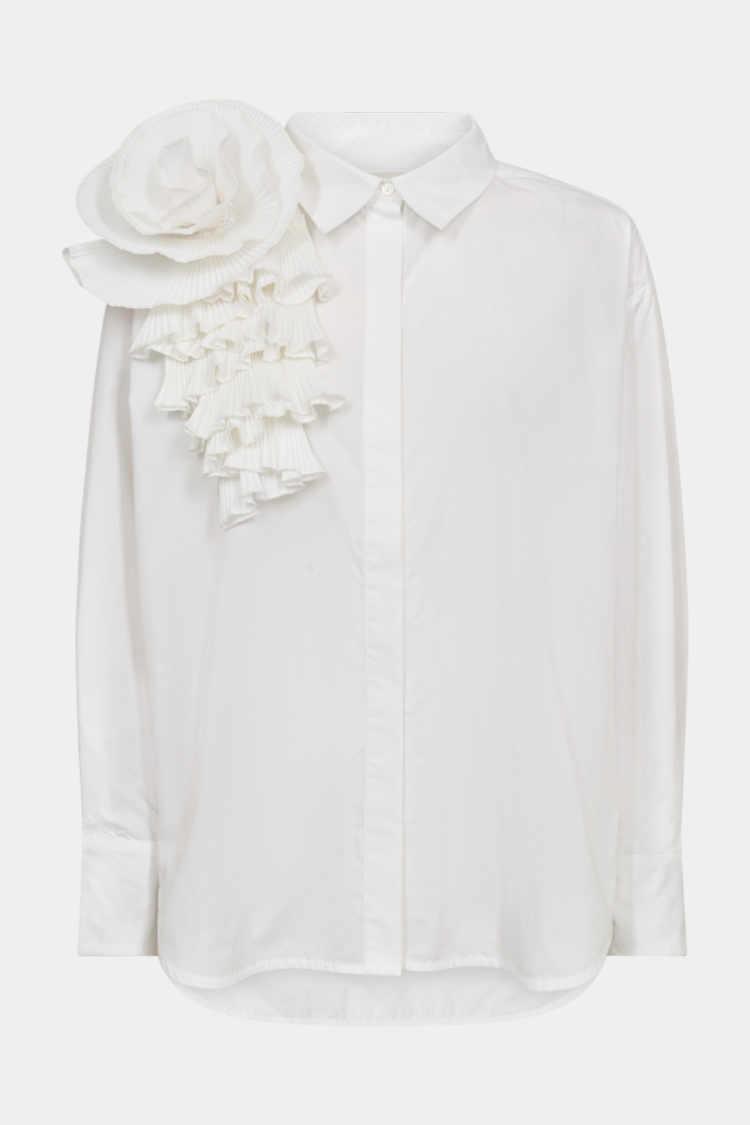 Skjorte, shirt, overdel, rose, blomst, hvid, white, flæser, fin, smuk, elegant, klassisk, feminin, pæn, rå, cool, sej, unik, musthave, hverdag, fest