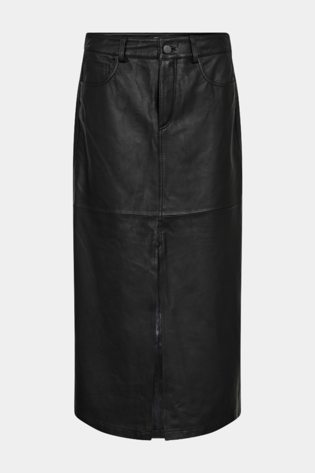 nederdel, shirt, lang, maxi, skind, læder, sort, lommer, slids, knap, lædernederdel, skindnederdel, fin, smuk, elegant, klassisk, feminin, pæn, rå, cool, sej, unik, musthave, hverdag, fest