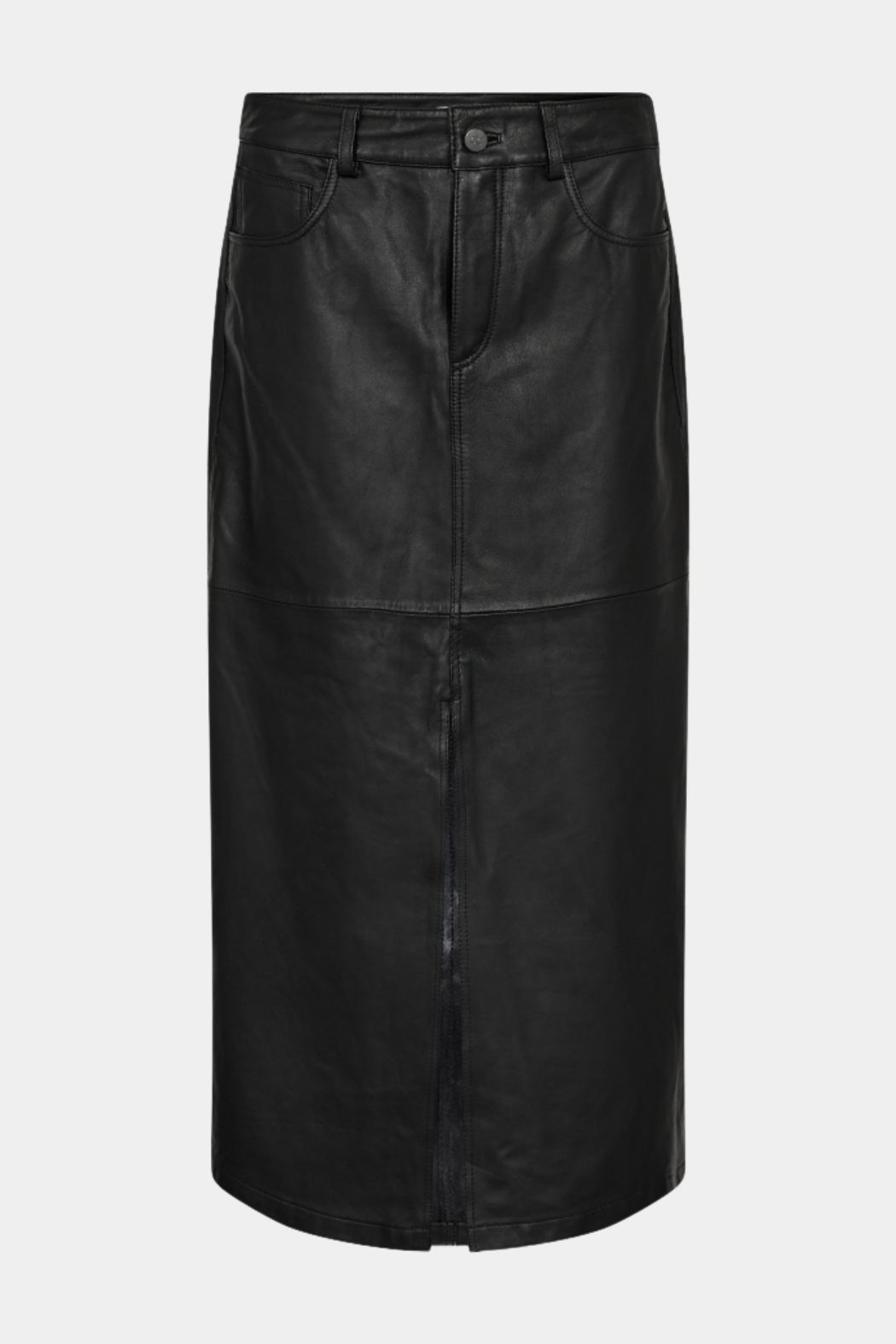 nederdel, shirt, lang, maxi, skind, læder, sort, lommer, slids, knap, lædernederdel, skindnederdel, fin, smuk, elegant, klassisk, feminin, pæn, rå, cool, sej, unik, musthave, hverdag, fest