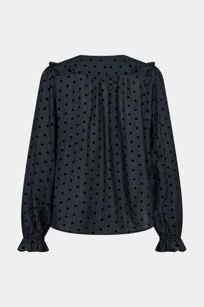 bluse, skjorte, overdel, blouse, shirt, prikker, blå, navy, mørkeblå, flæser, frill, elastik, fin, smuk, elegant, klassisk, feminin, pæn, rå, cool, sej, unik, musthave, hverdag, fest