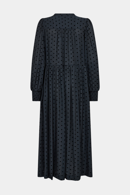 kjole, dress, maxi, maxikjole, lang, blå, navy, prikker, fin, smuk, elegant, klassisk, feminin, pæn, rå, cool, sej, unik, musthave, hverdag, fest