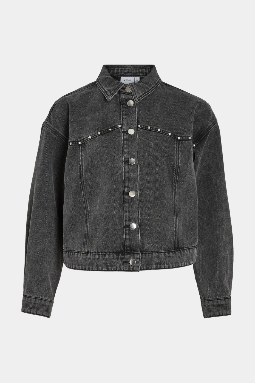 jakke, frakke, denim, denimjakke, denimjacket, cowboy, cowboyjakke, sort, grå, forvasket, vasket, nitter, sølv, glimmer, glitter, kort, fin, smuk, elegant, klassisk, feminin, pæn, rå, cool, sej, unik, musthave, hverdag, fest