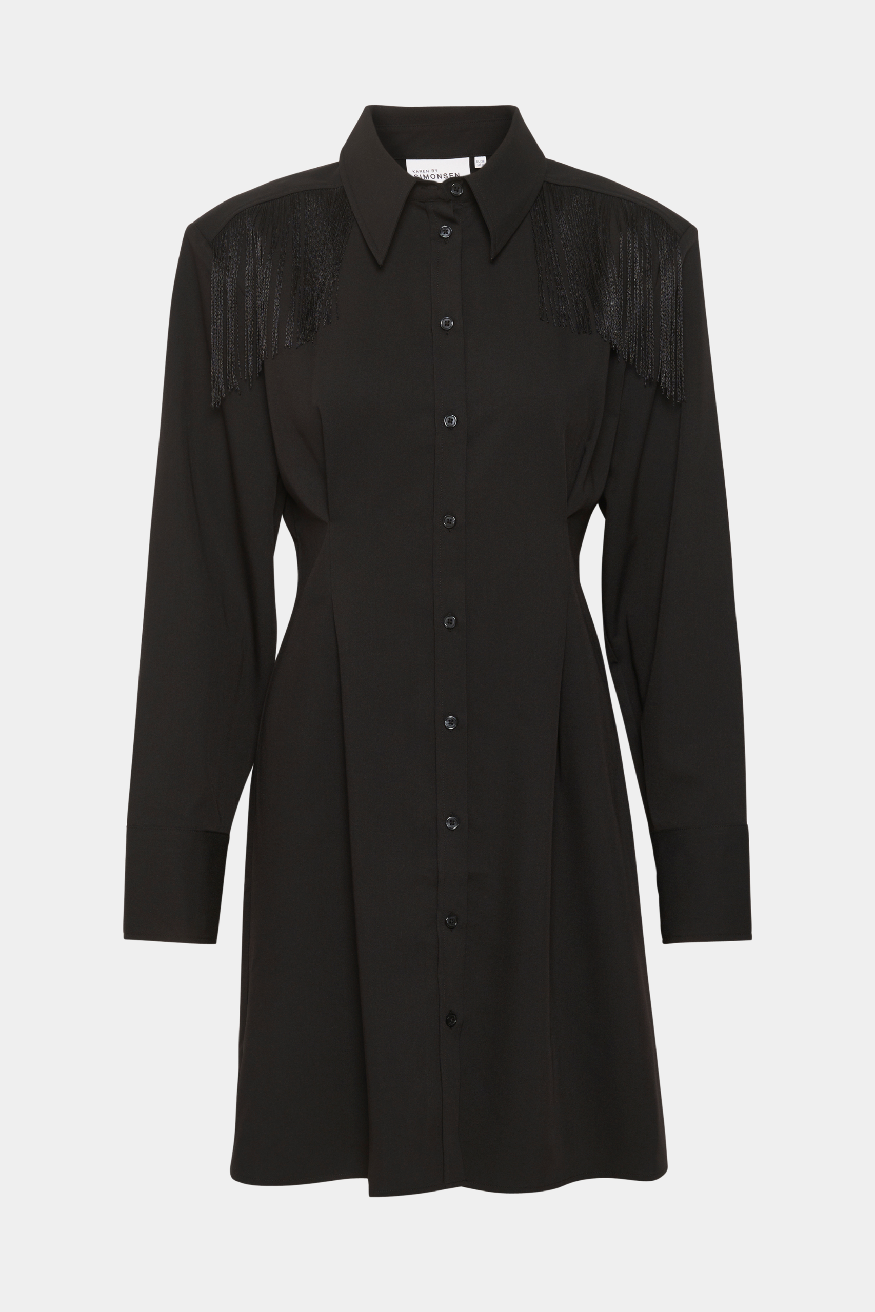 kjole, dress, midi, taljeret, talje, facon, tætsiddende, stram, frynse, frynser, snore, krave, sort, black, blank, skinnende, fin, smuk, elegant, klassisk, feminin, pæn, rå, cool, sej, unik, musthave, hverdag, fest