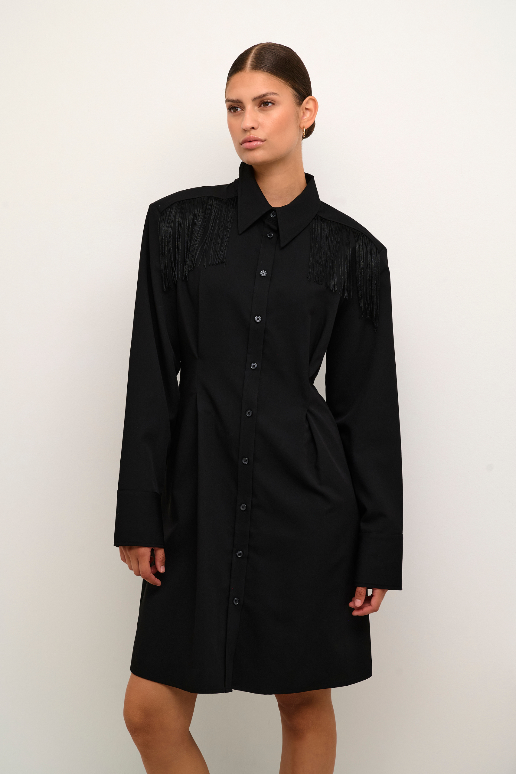 kjole, dress, midi, taljeret, talje, facon, tætsiddende, stram, frynse, frynser, snore, krave, sort, black, blank, skinnende, fin, smuk, elegant, klassisk, feminin, pæn, rå, cool, sej, unik, musthave, hverdag, fest