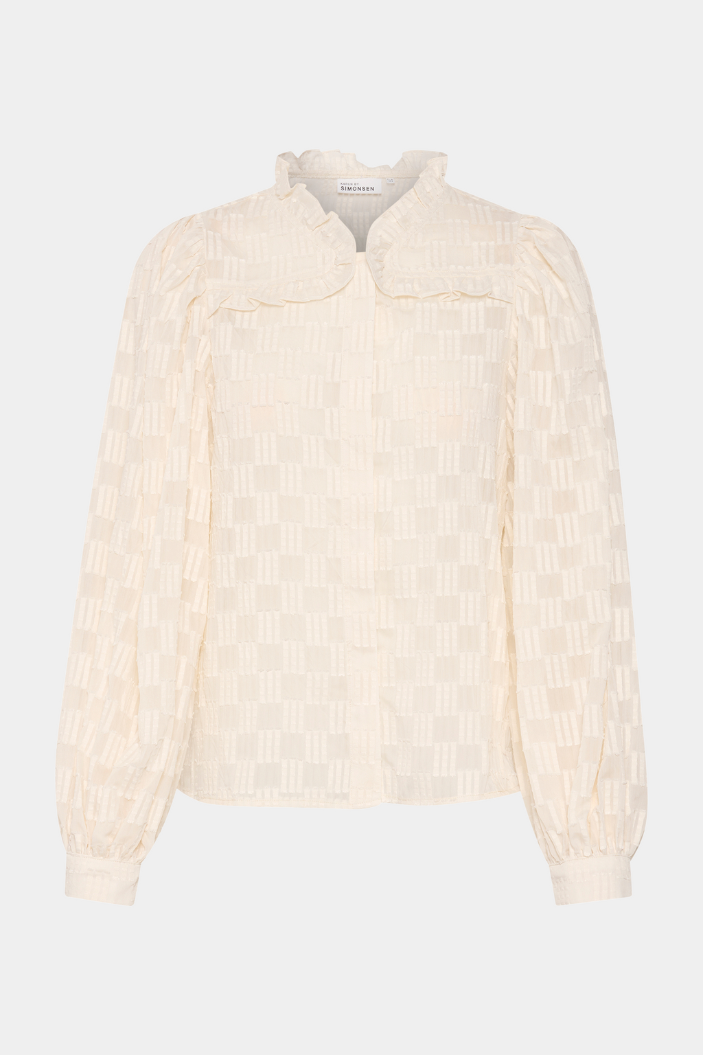 skjorte, bluse, overdel, top, råhvid, creme, præget, tern, firkanter, flæser, flæse, fin, smuk, elegant, klassisk, feminin, pæn, rå, cool, sej, unik, musthave, hverdag, fest