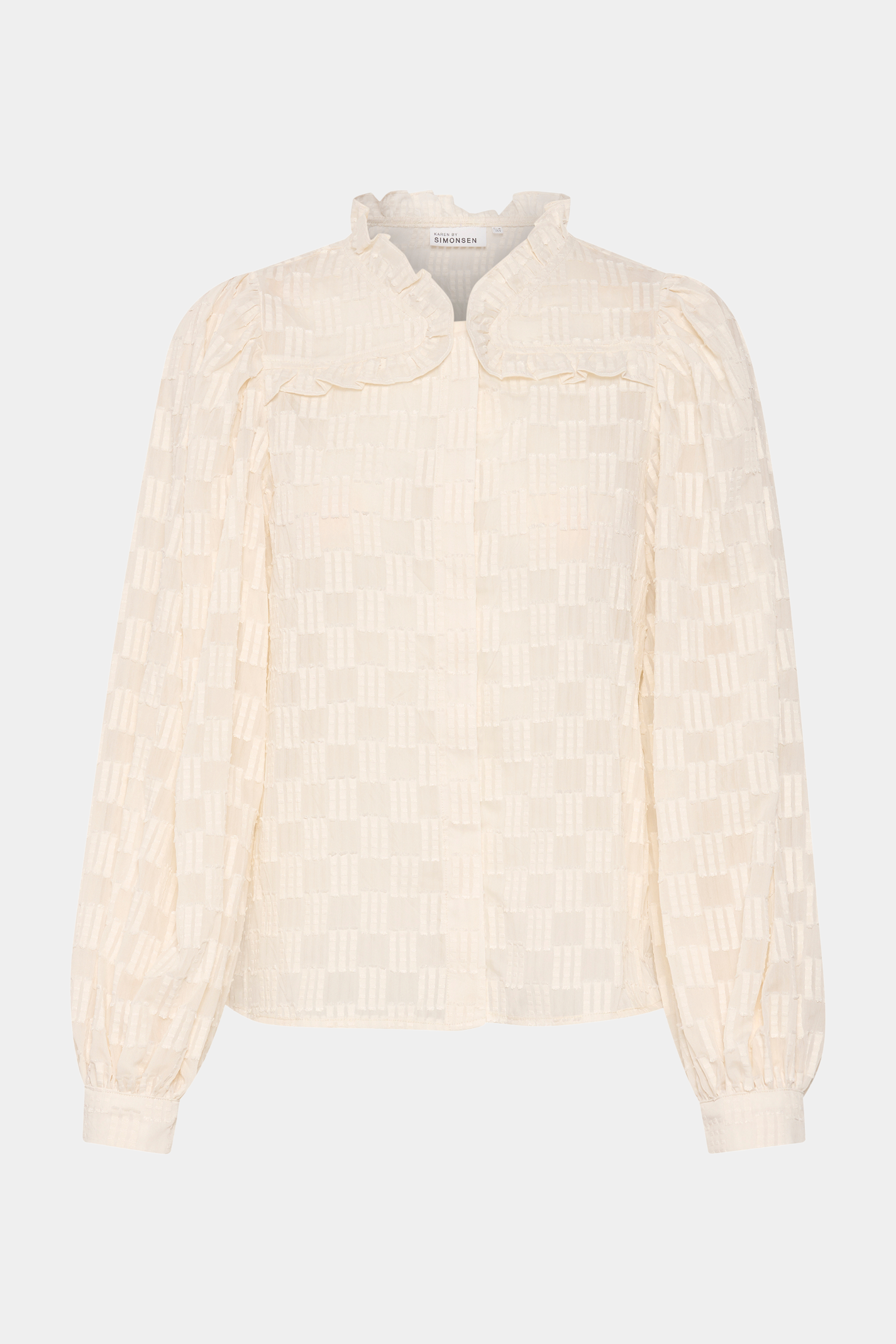 skjorte, bluse, overdel, top, råhvid, creme, præget, tern, firkanter, flæser, flæse, fin, smuk, elegant, klassisk, feminin, pæn, rå, cool, sej, unik, musthave, hverdag, fest
