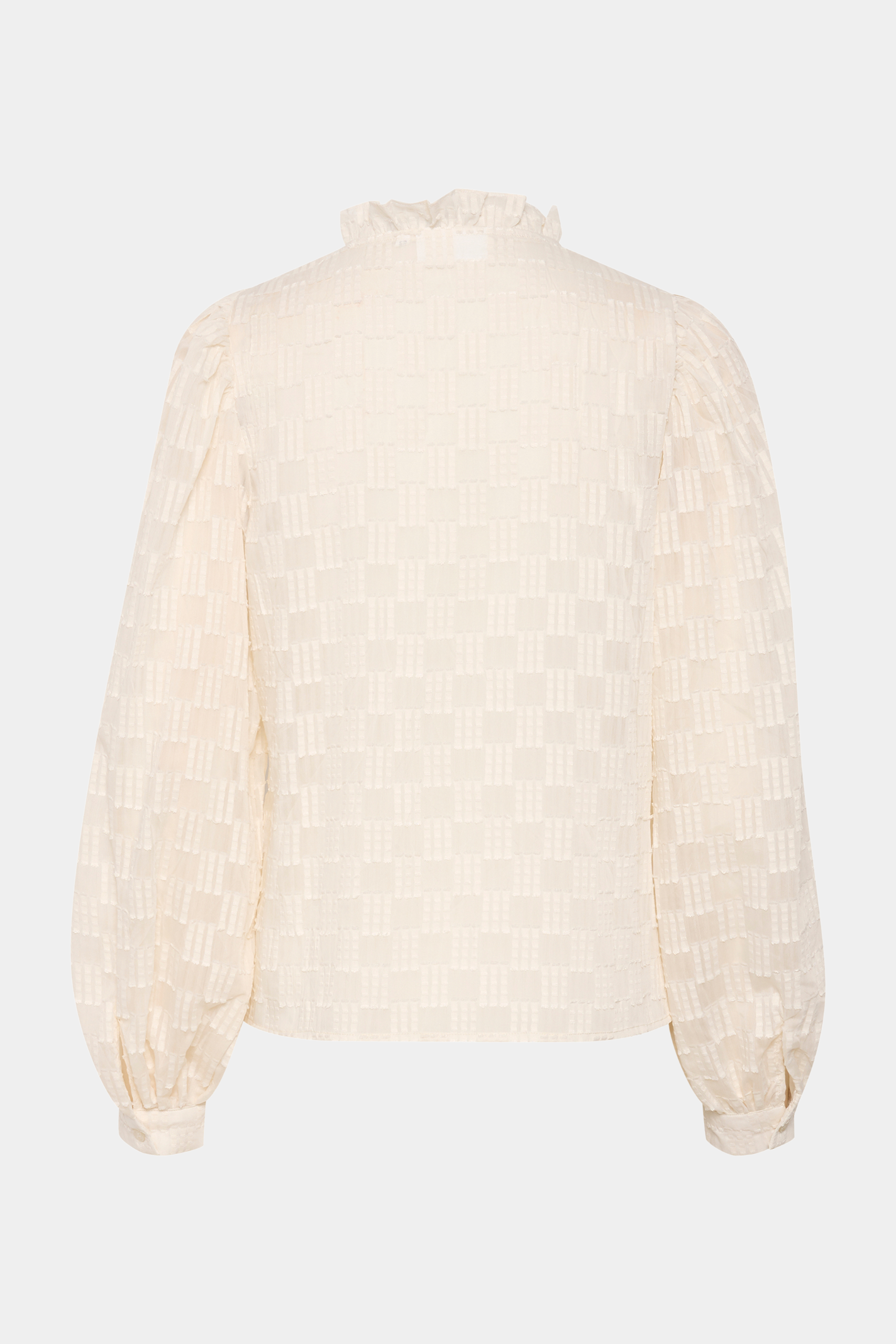 skjorte, bluse, overdel, top, råhvid, creme, præget, tern, firkanter, flæser, flæse, fin, smuk, elegant, klassisk, feminin, pæn, rå, cool, sej, unik, musthave, hverdag, fest