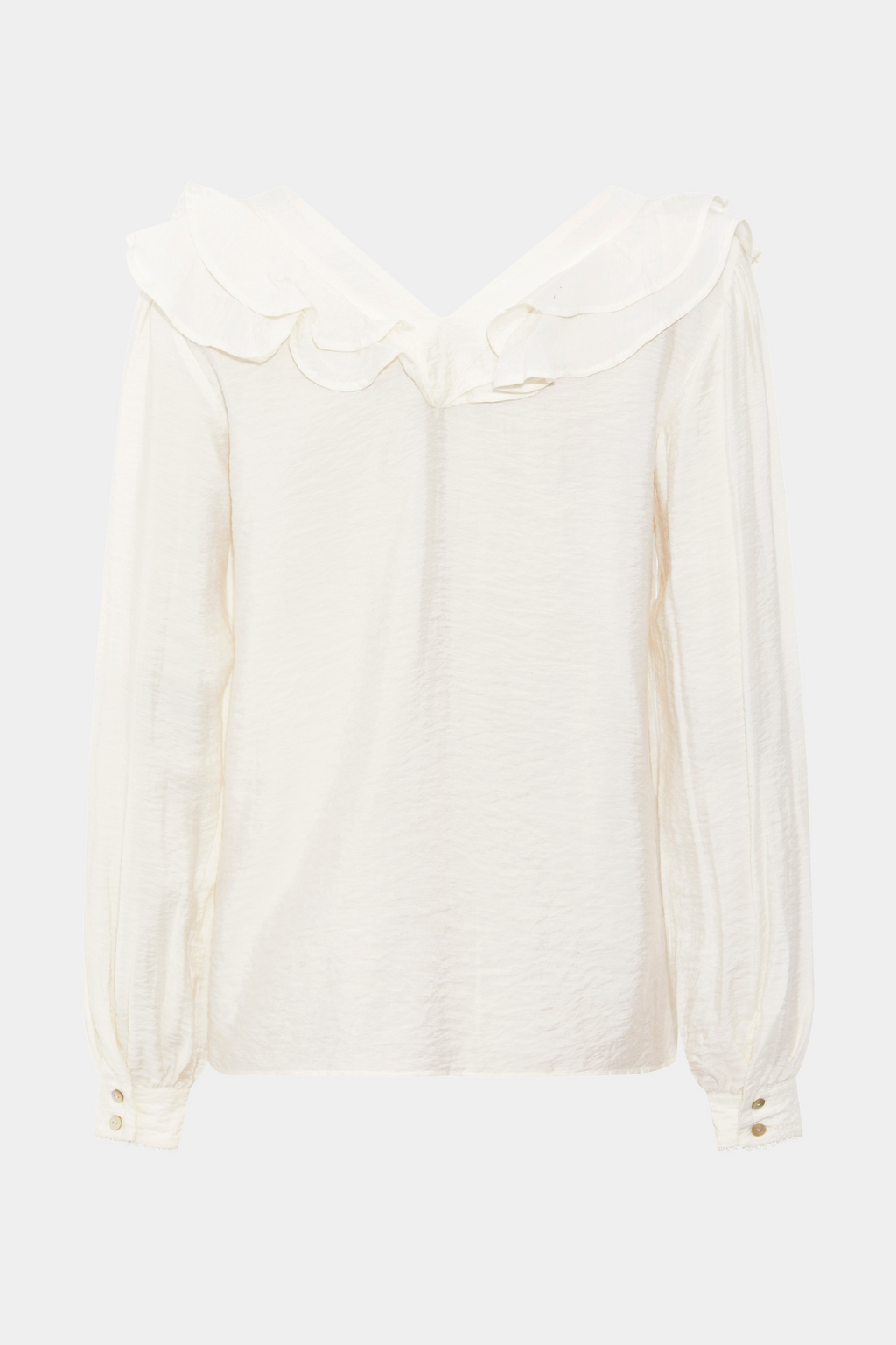 bluse, blouse, skjorte, shirt, overdel, blonde, blonder, flæse, flæser, hulmønster, let, løs, hvid, råhvid, creme, offwhite, blank, shiny, blød, viskose, vudskæring, vhals, fin, smuk, elegant, klassisk, feminin, pæn, rå, cool, sej, unik, musthave, hverdag, fest