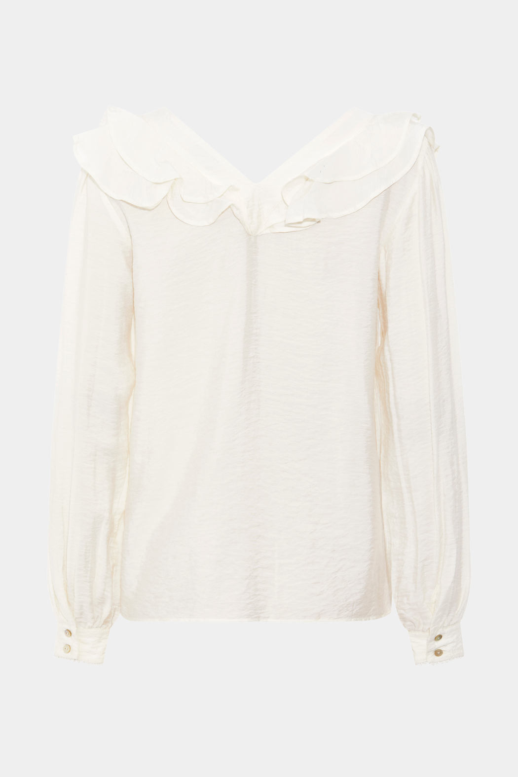 bluse, blouse, skjorte, shirt, overdel, blonde, blonder, flæse, flæser, hulmønster, let, løs, hvid, råhvid, creme, offwhite, blank, shiny, blød, viskose, vudskæring, vhals, fin, smuk, elegant, klassisk, feminin, pæn, rå, cool, sej, unik, musthave, hverdag, fest