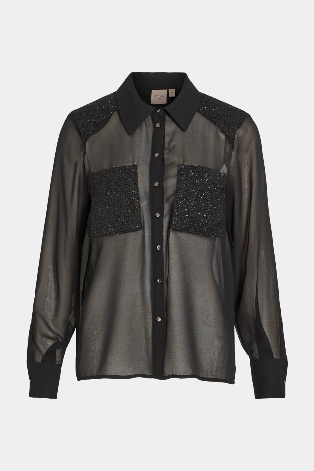 Skjorte, shirt, gennemsigtig, transparent, glimmer, glitter, lommer, brystlommer, krave, fin, smuk, elegant, klassisk, feminin, pæn, rå, cool, sej, unik, musthave, hverdag fest
