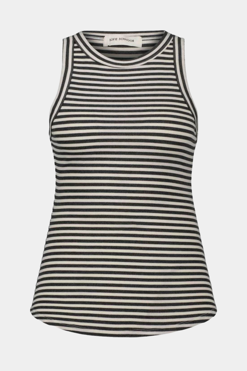 top, tanktop, overdel, stribet, striber, rib, rundhals, grå, hvid, gråstribet, ærmeløs, blød, let, viskose, fin, smuk, elegant, klassisk, feminin, pæn, rå, cool, sej, unik, musthave, hverdag, fest