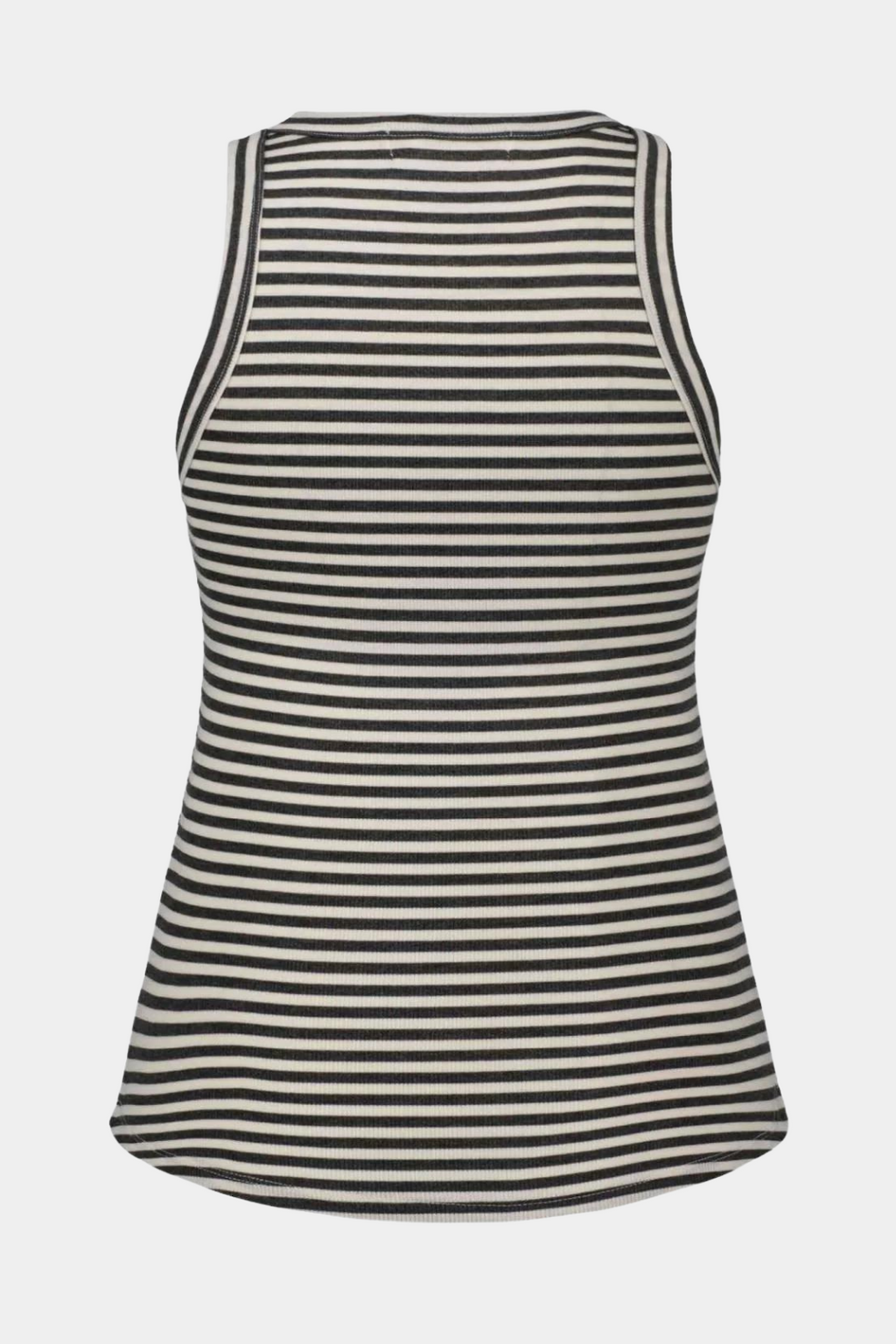 top, tanktop, overdel, stribet, striber, rib, rundhals, grå, hvid, gråstribet, ærmeløs, blød, let, viskose, fin, smuk, elegant, klassisk, feminin, pæn, rå, cool, sej, unik, musthave, hverdag, fest