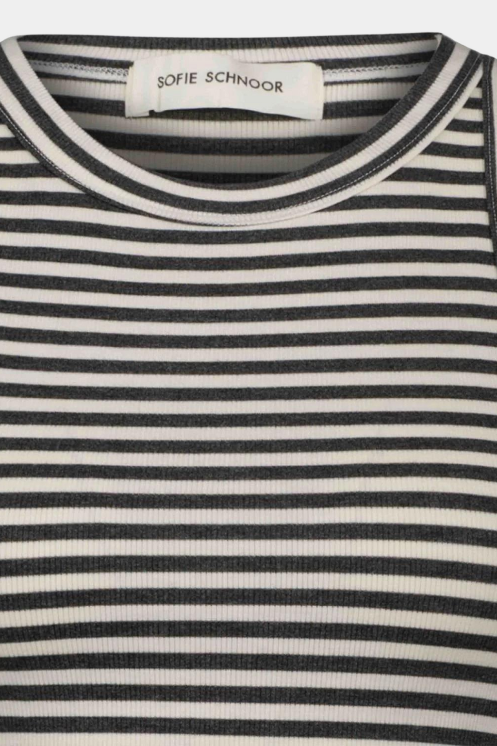 top, tanktop, overdel, stribet, striber, rib, rundhals, grå, hvid, gråstribet, ærmeløs, blød, let, viskose, fin, smuk, elegant, klassisk, feminin, pæn, rå, cool, sej, unik, musthave, hverdag, fest