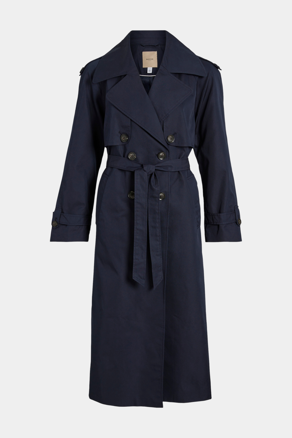 jakke, frakke, coat, jacket, trenchcoat, dobbeltradet, knapper, bindebånd, krave, habit, lang, blå, navy, mørkeblå, foer, forårsjakke, stilet, fin, smuk, elegant, klassisk, feminin, pæn, rå, cool, sej, unik, musthave, hverdag, fest, forår, sommer, efterår, 
