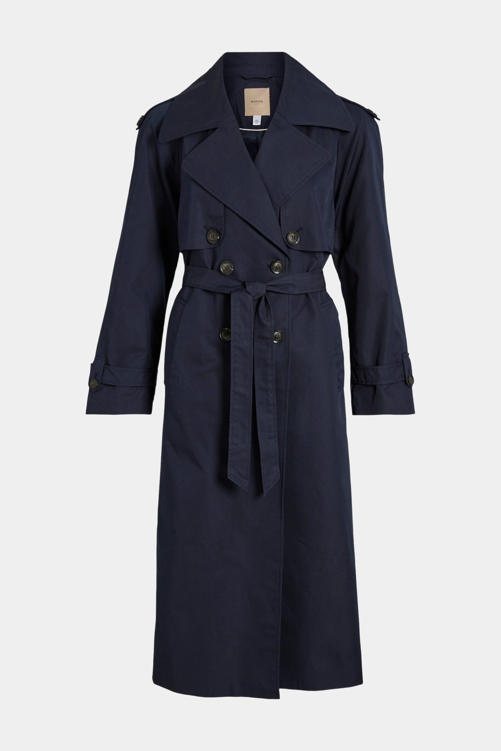 jakke, frakke, coat, jacket, trenchcoat, dobbeltradet, knapper, bindebånd, krave, habit, lang, blå, navy, mørkeblå, foer, forårsjakke, stilet, fin, smuk, elegant, klassisk, feminin, pæn, rå, cool, sej, unik, musthave, hverdag, fest, forår, sommer, efterår, 