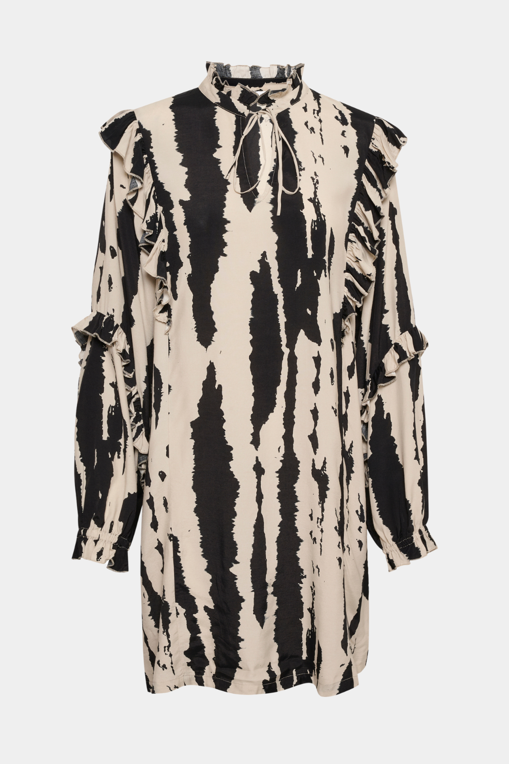 kjole, dress, tunika, overdel, viskose, print, beige, sort, black, snore, snøre, flæse, flæser, zebra, blød, let, løs, løstsiddende, fin, smuk, elegant, klassisk, feminin, pæn, rå, cool, sej, unik, musthave, hverdag, fest